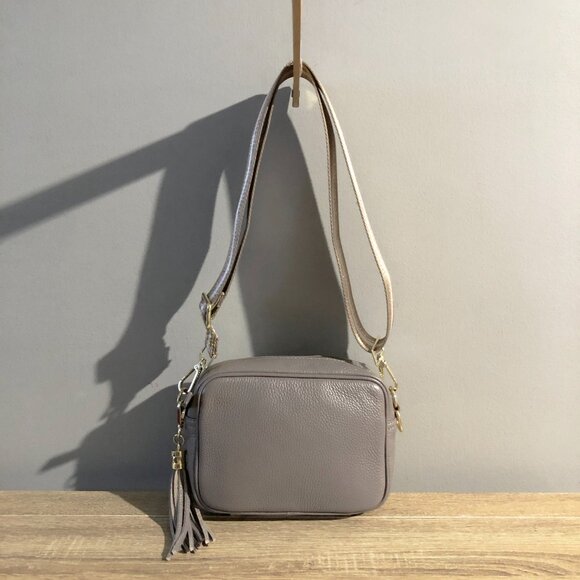 Elie Beaumont Gray Crossbody Tassel Bag with Champagne Strap - Picture 10 of 12